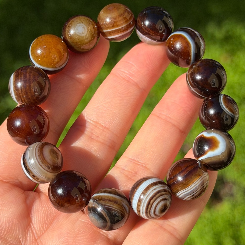 14mm stretchable evil eye banded brown agate bracelet 0931‎
